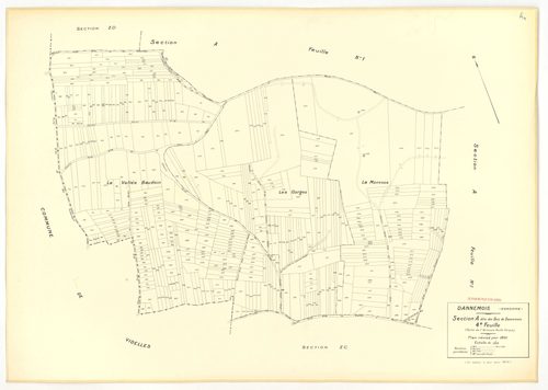 Plans minutes de conservation : DANNEMOIS : tableau d'assemblage, ech. 1/10000 (1935), sections A1, A2, A3, A4, B2, B3, C1, C2, D, E, F1, F2, ech. 1/1250 (1935), section G, ech. 1/2500 (1933-1974), sections G, H, ech. 1/2500 (1935), section ZA, ech. 1/200