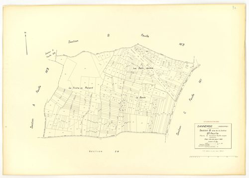 Plans minutes de conservation : DANNEMOIS : tableau d'assemblage, ech. 1/10000 (1935), sections A1, A2, A3, A4, B2, B3, C1, C2, D, E, F1, F2, ech. 1/1250 (1935), section G, ech. 1/2500 (1933-1974), sections G, H, ech. 1/2500 (1935), section ZA, ech. 1/200
