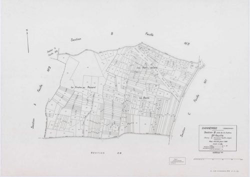 DANNEMOIS, plans minutes de conservation : tableau d'assemblage, 1935, Ech. 1/10000 ; plans des sections A1, A2, A3, A4, B2, B3, C1, C2, D, E, F1, F2, 1935, Ech. 1/1250, sections G, H, 1935, Ech. 1/2500, section ZA, 1966, Ech. 1/2000, sections ZB, ZC, ZD,