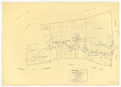 Plans minutes de conservation : DANNEMOIS : tableau d'assemblage, ech. 1/10000 (1935), sections A1, A2, A3, A4, B2, B3, C1, C2, D, E, F1, F2, ech. 1/1250 (1935), section G, ech. 1/2500 (1933-1974), sections G, H, ech. 1/2500 (1935), section ZA, ech. 1/200