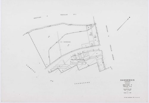 DANNEMOIS, plans minutes de conservation : tableau d'assemblage, 1935, Ech. 1/10000 ; plans des sections A1, A2, A3, A4, B2, B3, C1, C2, D, E, F1, F2, 1935, Ech. 1/1250, sections G, H, 1935, Ech. 1/2500, section ZA, 1966, Ech. 1/2000, sections ZB, ZC, ZD,
