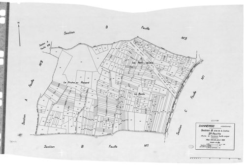 DANNEMOIS.- Cadastre révisé pour 1935 : plan du tableau d'assemblage, plans de la section A les Bois de Dannemois 1ère feuille, idem 3ème feuille, idem 4ème feuille, section B la Justice 1ère feuille, idem 2ème feuille, section C Limery 1ère feuille, sect
