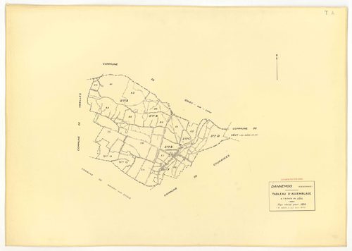 Plans minutes de conservation : DANNEMOIS : tableau d'assemblage, ech. 1/10000 (1935), sections A1, A2, A3, A4, B2, B3, C1, C2, D, E, F1, F2, ech. 1/1250 (1935), section G, ech. 1/2500 (1933-1974), sections G, H, ech. 1/2500 (1935), section ZA, ech. 1/200