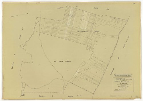 Plans minutes de conservation : DANNEMOIS : tableau d'assemblage, ech. 1/10000 (1935), sections A1, A2, A3, A4, B2, B3, C1, C2, D, E, F1, F2, ech. 1/1250 (1935), section G, ech. 1/2500 (1933-1974), sections G, H, ech. 1/2500 (1935), section ZA, ech. 1/200