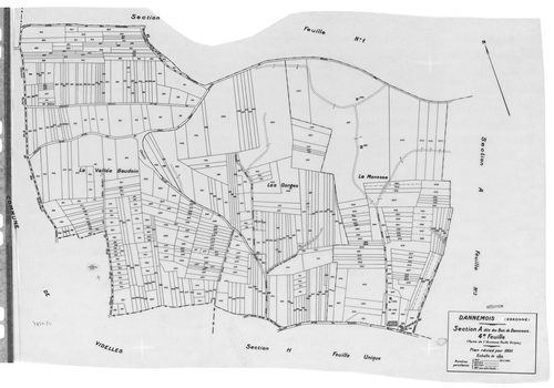 DANNEMOIS.- Cadastre révisé pour 1935 : plan du tableau d'assemblage, plans de la section A les Bois de Dannemois 1ère feuille, idem 3ème feuille, idem 4ème feuille, section B la Justice 1ère feuille, idem 2ème feuille, section C Limery 1ère feuille, sect