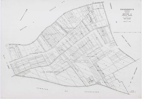 DANNEMOIS, plans minutes de conservation : tableau d'assemblage, 1935, Ech. 1/10000 ; plans des sections A1, A2, A3, A4, B2, B3, C1, C2, D, E, F1, F2, 1935, Ech. 1/1250, sections G, H, 1935, Ech. 1/2500, section ZA, 1966, Ech. 1/2000, sections ZB, ZC, ZD,