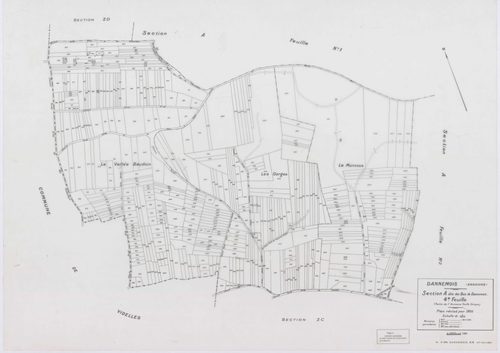 DANNEMOIS, plans minutes de conservation : tableau d'assemblage, 1935, Ech. 1/10000 ; plans des sections A1, A2, A3, A4, B2, B3, C1, C2, D, E, F1, F2, 1935, Ech. 1/1250, sections G, H, 1935, Ech. 1/2500, section ZA, 1966, Ech. 1/2000, sections ZB, ZC, ZD,
