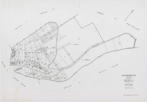 DANNEMOIS, plans minutes de conservation : tableau d'assemblage, 1935, Ech. 1/10000 ; plans des sections A1, A2, A3, A4, B2, B3, C1, C2, D, E, F1, F2, 1935, Ech. 1/1250, sections G, H, 1935, Ech. 1/2500, section ZA, 1966, Ech. 1/2000, sections ZB, ZC, ZD,