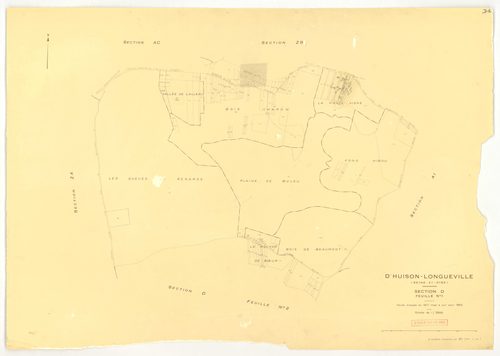 Plans minutes de conservation : D'HUISON-LONGUEVILLE : tableau d'assemblage, ech. 1/1000 (1963), sections D1, D2, ech. 1/2500, sections AB, AI, ZA, ZB, ZC, ZD, ech. 1/2000, sections AC, AD, AE, AH, ech. 1/1000 (1963) ; section Z (2 feuillets), ech. 1/2000