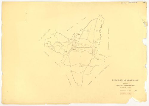 Plans minutes de conservation : D'HUISON-LONGUEVILLE : tableau d'assemblage, ech. 1/1000 (1963), sections D1, D2, ech. 1/2500, sections AB, AI, ZA, ZB, ZC, ZD, ech. 1/2000, sections AC, AD, AE, AH, ech. 1/1000 (1963) ; section Z (2 feuillets), ech. 1/2000