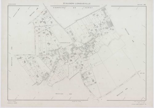 D'HUISON-LONGUEVILLE, plans minutes de conservation : tableau d'assemblage, 1963, Ech. 1/10000 ; plans des section Z, 1950, Ech. 1/2000, sections AB, AI, ZA, ZB, ZC, ZD, 1963, Ech. 1/2000, sections AC, AD, AE, AH, 1963, Ech. 1/1000, sections D1, D2, 1963,