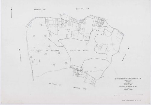 D'HUISON-LONGUEVILLE, plans minutes de conservation : tableau d'assemblage, 1963, Ech. 1/10000 ; plans des section Z, 1950, Ech. 1/2000, sections AB, AI, ZA, ZB, ZC, ZD, 1963, Ech. 1/2000, sections AC, AD, AE, AH, 1963, Ech. 1/1000, sections D1, D2, 1963,