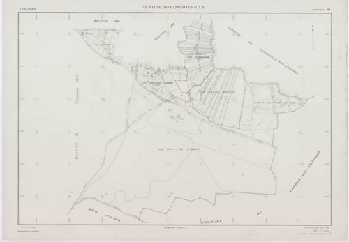 D'HUISON-LONGUEVILLE, plans minutes de conservation : tableau d'assemblage, 1963, Ech. 1/10000 ; plans des section Z, 1950, Ech. 1/2000, sections AB, AI, ZA, ZB, ZC, ZD, 1963, Ech. 1/2000, sections AC, AD, AE, AH, 1963, Ech. 1/1000, sections D1, D2, 1963,