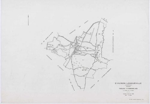 D'HUISON-LONGUEVILLE, plans minutes de conservation : tableau d'assemblage, 1963, Ech. 1/10000 ; plans des section Z, 1950, Ech. 1/2000, sections AB, AI, ZA, ZB, ZC, ZD, 1963, Ech. 1/2000, sections AC, AD, AE, AH, 1963, Ech. 1/1000, sections D1, D2, 1963,