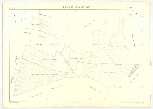 Plans minutes de conservation : D'HUISON-LONGUEVILLE : tableau d'assemblage, ech. 1/1000 (1963), sections D1, D2, ech. 1/2500, sections AB, AI, ZA, ZB, ZC, ZD, ech. 1/2000, sections AC, AD, AE, AH, ech. 1/1000 (1963) ; section Z (2 feuillets), ech. 1/2000