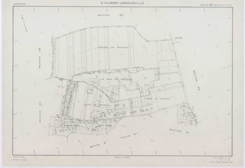 D'HUISON-LONGUEVILLE, plans minutes de conservation : tableau d'assemblage, 1963, Ech. 1/10000 ; plans des section Z, 1950, Ech. 1/2000, sections AB, AI, ZA, ZB, ZC, ZD, 1963, Ech. 1/2000, sections AC, AD, AE, AH, 1963, Ech. 1/1000, sections D1, D2, 1963,
