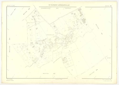 Plans minutes de conservation : D'HUISON-LONGUEVILLE : tableau d'assemblage, ech. 1/1000 (1963), sections D1, D2, ech. 1/2500, sections AB, AI, ZA, ZB, ZC, ZD, ech. 1/2000, sections AC, AD, AE, AH, ech. 1/1000 (1963) ; section Z (2 feuillets), ech. 1/2000