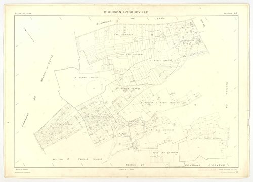 Plans minutes de conservation : D'HUISON-LONGUEVILLE : tableau d'assemblage, ech. 1/1000 (1963), sections D1, D2, ech. 1/2500, sections AB, AI, ZA, ZB, ZC, ZD, ech. 1/2000, sections AC, AD, AE, AH, ech. 1/1000 (1963) ; section Z (2 feuillets), ech. 1/2000