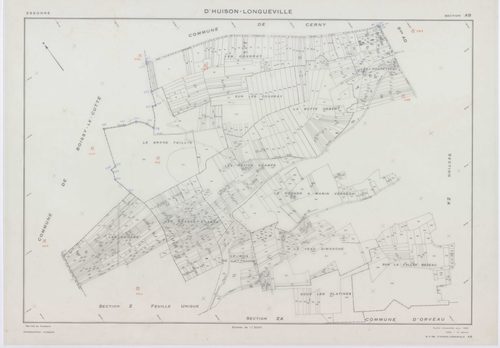 D'HUISON-LONGUEVILLE, plans minutes de conservation : tableau d'assemblage, 1963, Ech. 1/10000 ; plans des section Z, 1950, Ech. 1/2000, sections AB, AI, ZA, ZB, ZC, ZD, 1963, Ech. 1/2000, sections AC, AD, AE, AH, 1963, Ech. 1/1000, sections D1, D2, 1963,