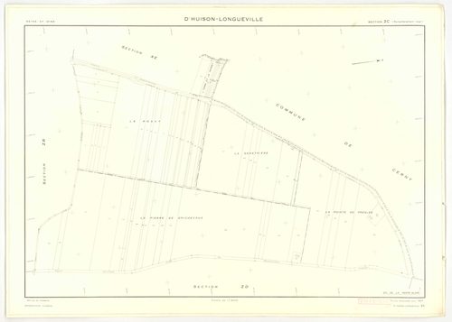 Plans minutes de conservation : D'HUISON-LONGUEVILLE : tableau d'assemblage, ech. 1/1000 (1963), sections D1, D2, ech. 1/2500, sections AB, AI, ZA, ZB, ZC, ZD, ech. 1/2000, sections AC, AD, AE, AH, ech. 1/1000 (1963) ; section Z (2 feuillets), ech. 1/2000