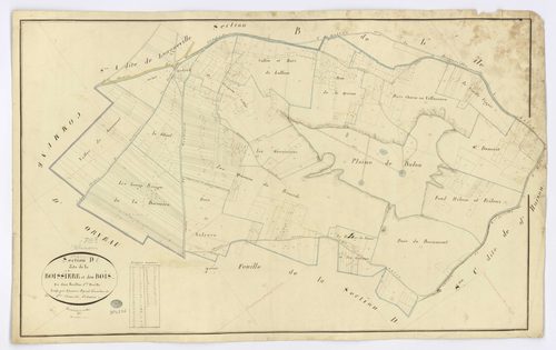 D'HUISON-LONGUEVILLE. - Section D - de la Boissière et des Bois, 1, ech. 1/2500, coul., aquarelle, papier, 63x100 (1817). 