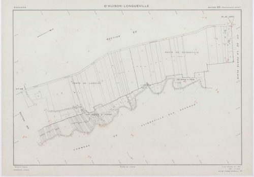 D'HUISON-LONGUEVILLE, plans minutes de conservation : tableau d'assemblage, 1963, Ech. 1/10000 ; plans des section Z, 1950, Ech. 1/2000, sections AB, AI, ZA, ZB, ZC, ZD, 1963, Ech. 1/2000, sections AC, AD, AE, AH, 1963, Ech. 1/1000, sections D1, D2, 1963,