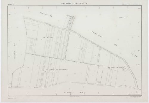 D'HUISON-LONGUEVILLE, plans minutes de conservation : tableau d'assemblage, 1963, Ech. 1/10000 ; plans des section Z, 1950, Ech. 1/2000, sections AB, AI, ZA, ZB, ZC, ZD, 1963, Ech. 1/2000, sections AC, AD, AE, AH, 1963, Ech. 1/1000, sections D1, D2, 1963,