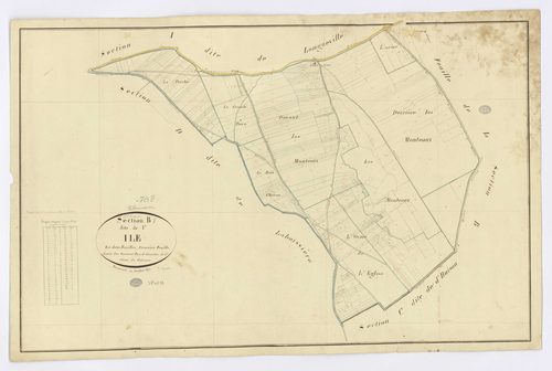 D'HUISON-LONGUEVILLE. - Section B - Ile (l'), 1, ech. 1/2500, coul., aquarelle, papier, 62x93 (1817). 
