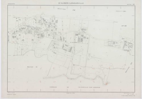 D'HUISON-LONGUEVILLE, plans minutes de conservation : tableau d'assemblage, 1963, Ech. 1/10000 ; plans des section Z, 1950, Ech. 1/2000, sections AB, AI, ZA, ZB, ZC, ZD, 1963, Ech. 1/2000, sections AC, AD, AE, AH, 1963, Ech. 1/1000, sections D1, D2, 1963,