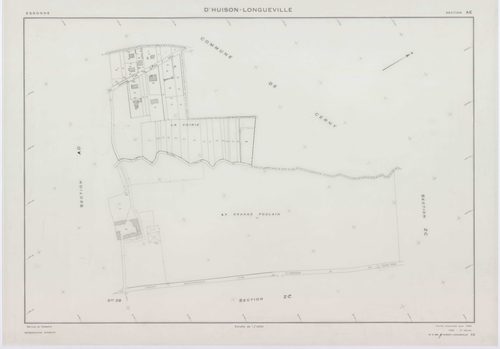 D'HUISON-LONGUEVILLE, plans minutes de conservation : tableau d'assemblage, 1963, Ech. 1/10000 ; plans des section Z, 1950, Ech. 1/2000, sections AB, AI, ZA, ZB, ZC, ZD, 1963, Ech. 1/2000, sections AC, AD, AE, AH, 1963, Ech. 1/1000, sections D1, D2, 1963,