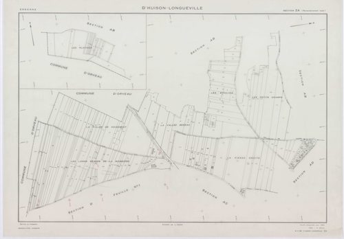 D'HUISON-LONGUEVILLE, plans minutes de conservation : tableau d'assemblage, 1963, Ech. 1/10000 ; plans des section Z, 1950, Ech. 1/2000, sections AB, AI, ZA, ZB, ZC, ZD, 1963, Ech. 1/2000, sections AC, AD, AE, AH, 1963, Ech. 1/1000, sections D1, D2, 1963,