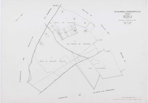 D'HUISON-LONGUEVILLE, plans minutes de conservation : tableau d'assemblage, 1963, Ech. 1/10000 ; plans des section Z, 1950, Ech. 1/2000, sections AB, AI, ZA, ZB, ZC, ZD, 1963, Ech. 1/2000, sections AC, AD, AE, AH, 1963, Ech. 1/1000, sections D1, D2, 1963,