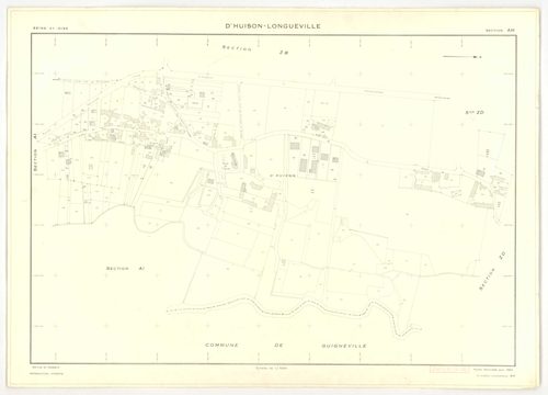 Plans minutes de conservation : D'HUISON-LONGUEVILLE : tableau d'assemblage, ech. 1/1000 (1963), sections D1, D2, ech. 1/2500, sections AB, AI, ZA, ZB, ZC, ZD, ech. 1/2000, sections AC, AD, AE, AH, ech. 1/1000 (1963) ; section Z (2 feuillets), ech. 1/2000