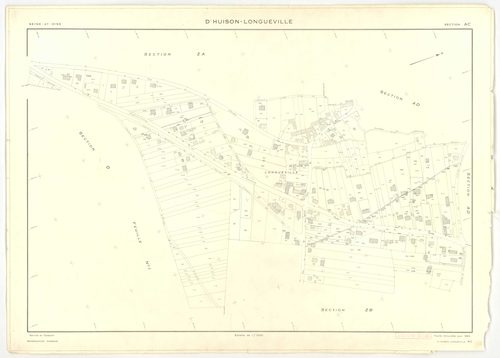 Plans minutes de conservation : D'HUISON-LONGUEVILLE : tableau d'assemblage, ech. 1/1000 (1963), sections D1, D2, ech. 1/2500, sections AB, AI, ZA, ZB, ZC, ZD, ech. 1/2000, sections AC, AD, AE, AH, ech. 1/1000 (1963) ; section Z (2 feuillets), ech. 1/2000