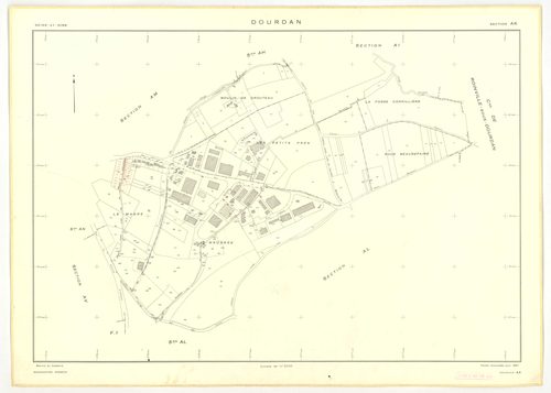 Plans minutes de conservation : DOURDAN : tableau d'assemblage, ech. 1/10000 (1967), sections A, F2, ech. 1/5000 (1967), sections B1, B2, C, F1, ech. 1/2500 (1967), sections AB, AE, AK, AL, AP, ZB, ech. 1/2000 (1967), sections AC, AD, AH, AI, AM, AN, AO, 