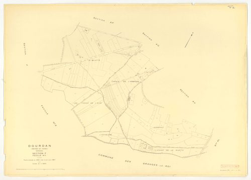 Plans minutes de conservation : DOURDAN : tableau d'assemblage, ech. 1/10000 (1967), sections A, F2, ech. 1/5000 (1967), sections B1, B2, C, F1, ech. 1/2500 (1967), sections AB, AE, AK, AL, AP, ZB, ech. 1/2000 (1967), sections AC, AD, AH, AI, AM, AN, AO, 