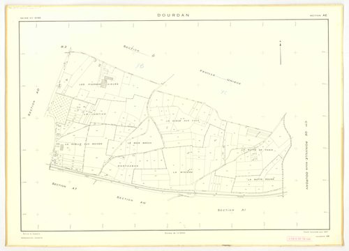 Plans minutes de conservation : DOURDAN : tableau d'assemblage, ech. 1/10000 (1967), sections A, F2, ech. 1/5000 (1967), sections B1, B2, C, F1, ech. 1/2500 (1967), sections AB, AE, AK, AL, AP, ZB, ech. 1/2000 (1967), sections AC, AD, AH, AI, AM, AN, AO, 