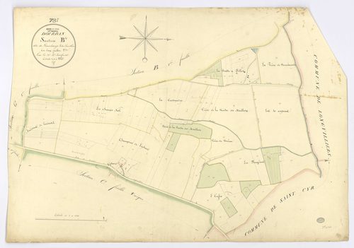 DOURDAN. - Section B - de Bonchamp et de Rouillon, 2, ech. 1/2500, coul., aquarelle, papier, 67x96 (1826). 