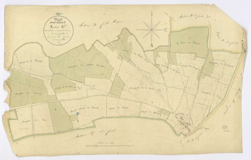DOURDAN. - Section G - de Grillon, du Mesnil et de Potelet, 1, ech. 1/2500, coul., aquarelle, papier, 65x103 (1826). 