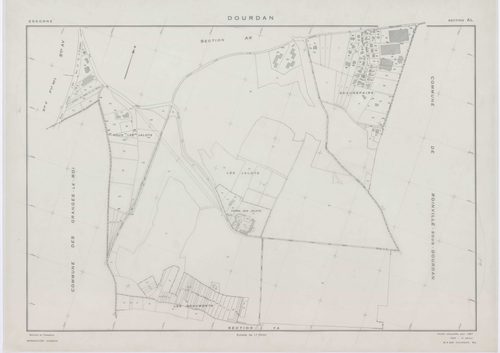 DOURDAN, plans minutes de conservation : tableau d'assemblage, 1967, Ech. 1/10000 ; plans des sections A, F2, 1967, Ech. 1/5000, sections AB, AE, AK, AL, AP, 1967, Ech. 1/2000, sections AC, AD, AH, AI, AM, AN, AO, AR, AS, AT, AV, 1967, Ech. 1/1000, sectio