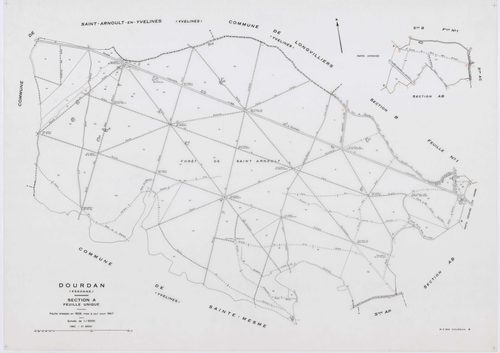 DOURDAN, plans minutes de conservation : tableau d'assemblage, 1967, Ech. 1/10000 ; plans des sections A, F2, 1967, Ech. 1/5000, sections AB, AE, AK, AL, AP, 1967, Ech. 1/2000, sections AC, AD, AH, AI, AM, AN, AO, AR, AS, AT, AV, 1967, Ech. 1/1000, sectio