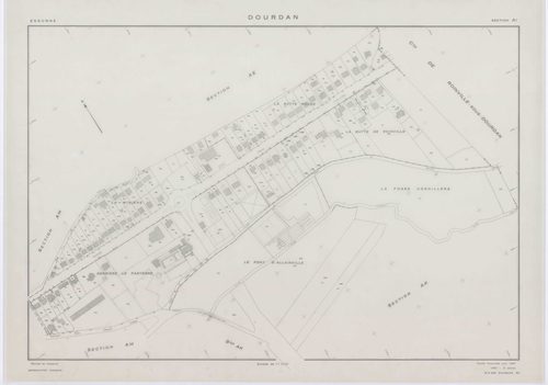 DOURDAN, plans minutes de conservation : tableau d'assemblage, 1967, Ech. 1/10000 ; plans des sections A, F2, 1967, Ech. 1/5000, sections AB, AE, AK, AL, AP, 1967, Ech. 1/2000, sections AC, AD, AH, AI, AM, AN, AO, AR, AS, AT, AV, 1967, Ech. 1/1000, sectio