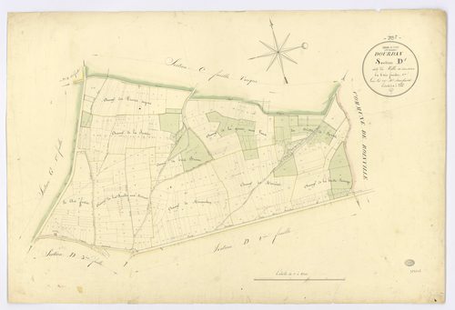 DOURDAN. - Section D - de la Ville de Dourdan, 1, ech. 1/2500, coul., aquarelle, papier, 67x97 (1826). 