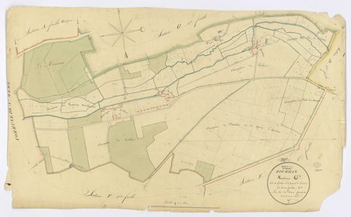 DOURDAN. - Section G - Grillon, 2, ech. 1/2500, coul., aquarelle, papier, 60x99 (1826). 