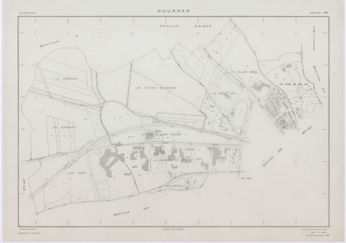 DOURDAN, plans minutes de conservation : tableau d'assemblage, 1967, Ech. 1/10000 ; plans des sections A, F2, 1967, Ech. 1/5000, sections AB, AE, AK, AL, AP, 1967, Ech. 1/2000, sections AC, AD, AH, AI, AM, AN, AO, AR, AS, AT, AV, 1967, Ech. 1/1000, sectio