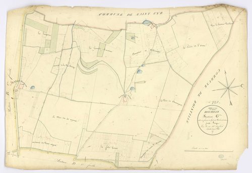 DOURDAN. - Section C - des Fermes de Liphard, Vaubesnard et Villeneuve, ech. 1/2500, coul., aquarelle, papier, 69x100 (1826). 