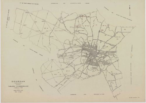 DOURDAN, plans minutes de conservation : tableau d'assemblage, 1967, Ech. 1/10000 ; plans des sections A, F2, 1967, Ech. 1/5000, sections AB, AE, AK, AL, AP, 1967, Ech. 1/2000, sections AC, AD, AH, AI, AM, AN, AO, AR, AS, AT, AV, 1967, Ech. 1/1000, sectio