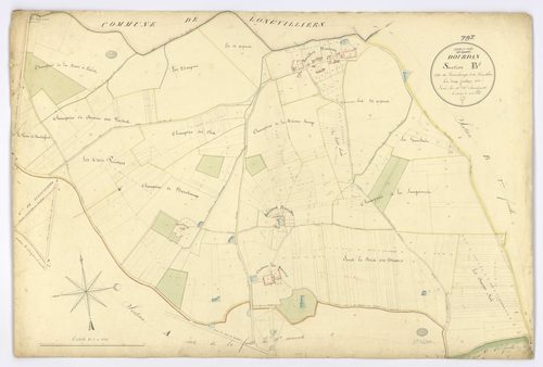 DOURDAN. - Section B - de Bonchamp et de Rouillon, 1, ech. 1/2500, coul., aquarelle, papier, 67x100 (1826). 
