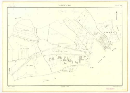 Plans minutes de conservation : DOURDAN : tableau d'assemblage, ech. 1/10000 (1967), sections A, F2, ech. 1/5000 (1967), sections B1, B2, C, F1, ech. 1/2500 (1967), sections AB, AE, AK, AL, AP, ZB, ech. 1/2000 (1967), sections AC, AD, AH, AI, AM, AN, AO, 