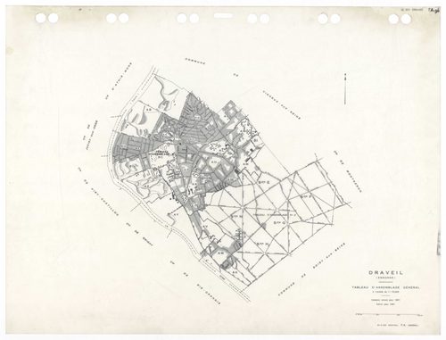 DRAVEIL, plans minutes de conservation : tableau d'assemblage,1967, Ech. 1/10000, tableau d'assemblage 1, 1967, Ech. 1/5000, tableau d'assemblage 2, 1967, Ech. 1/5000 ; plans des sections AD, AE, AH, AI, AK, AL, AM, AN, AO, AP, AR, AS, AT, AV, AW, AX, BC,